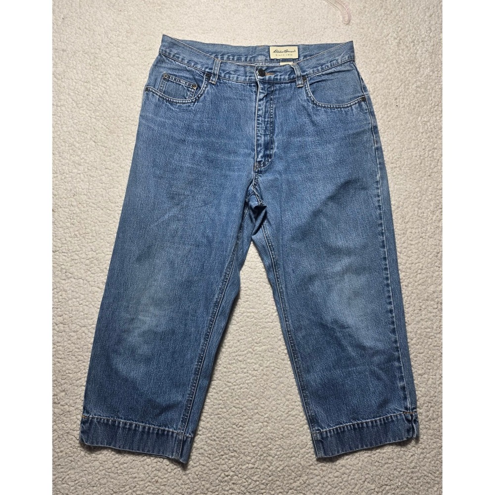 Eddie Bauer Petite 12 High Rise Cropped Wide Leg Jeans Medium Wash Blue Cotton